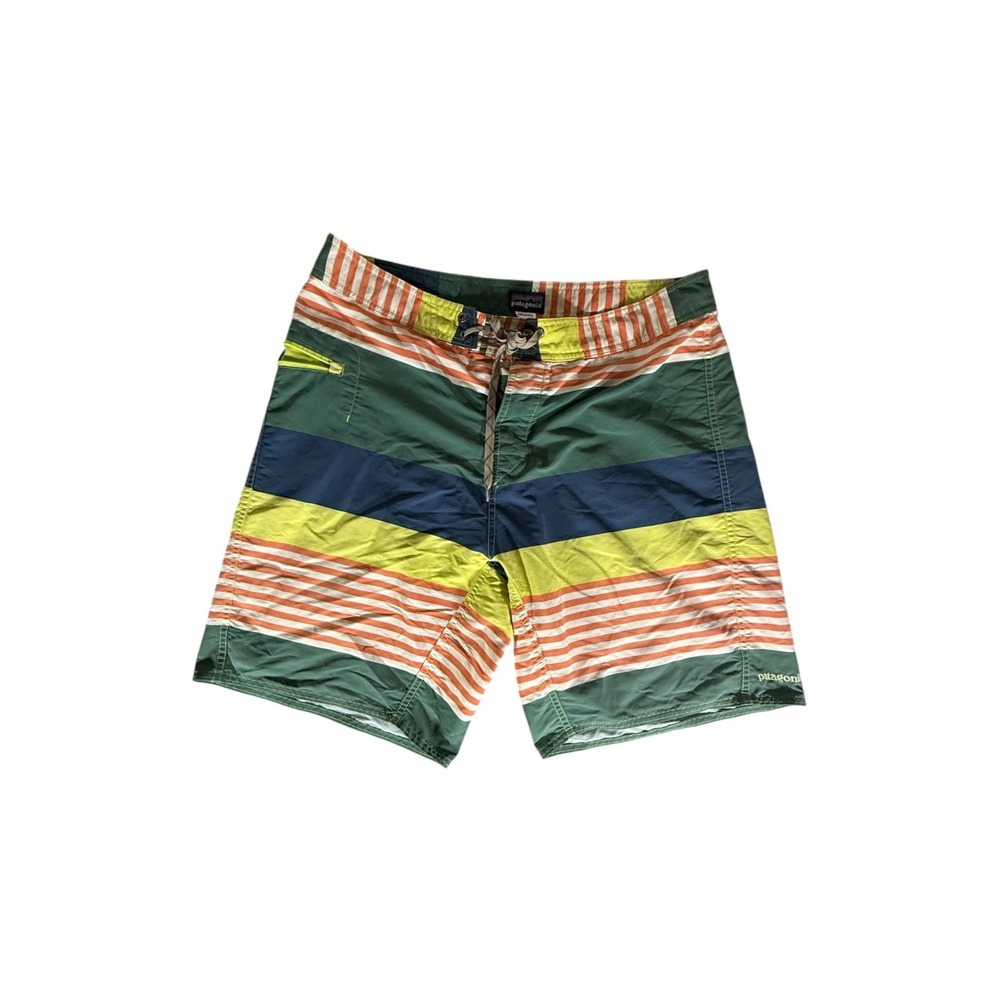 Patagonia Swim Trunks Adult Size 36 Green Blue Striped Summer Beach Mens